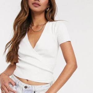 Stradivarius Wrap Cardigan in Ecru-White